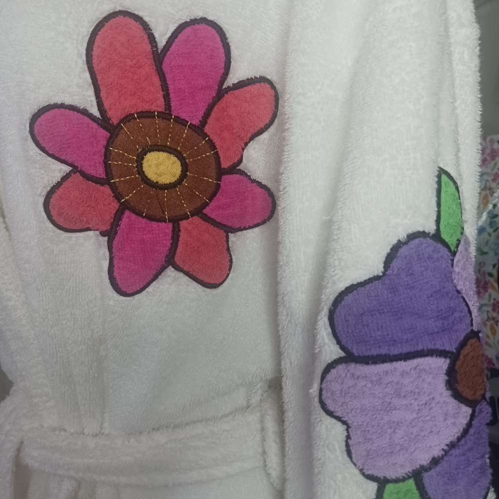 Agean Apparel Terrycloth Short Robe White Floral Embroidery 90s Y2K Vtg OSFM - Picture 6 of 11